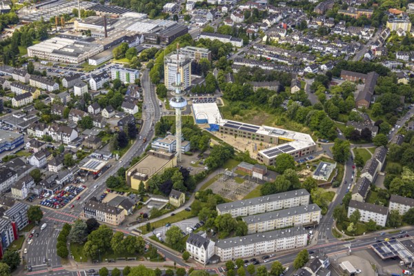 Aerial view, Primary school Kastanienallee, Telecommunication tower Velbert (Telebert) TV station,