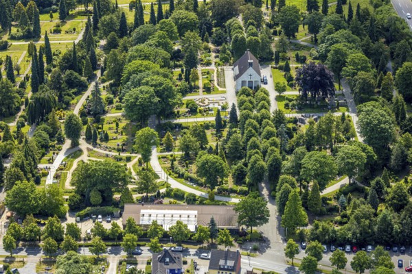 Aerial view, cemetery of the Protestant cemetery and chapel, Velbert, Ruhr area, North