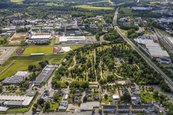 Aerial view, cemetery of the evang. Cemetery and chapel, EMKA sports centre and A535 motorway,
