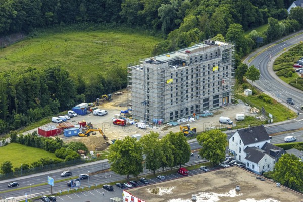 Aerial view, construction site with new hotel building on the corner of Flandersbacher Weg and