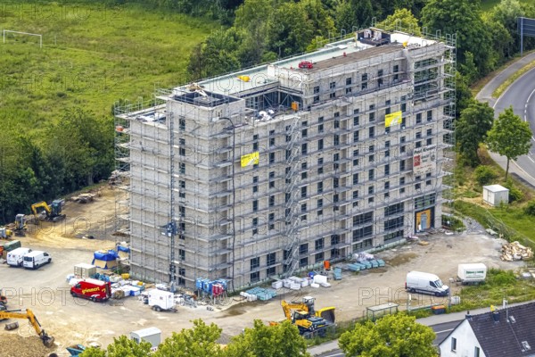 Aerial view, construction site with new hotel building on the corner of Flandersbacher Weg and