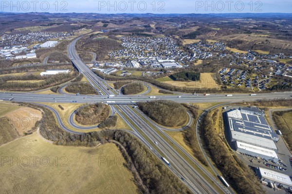 Aerial view, motorway junction Olpe-Süd with motorway A45 and motorway A4, Gerlingen, Wenden,