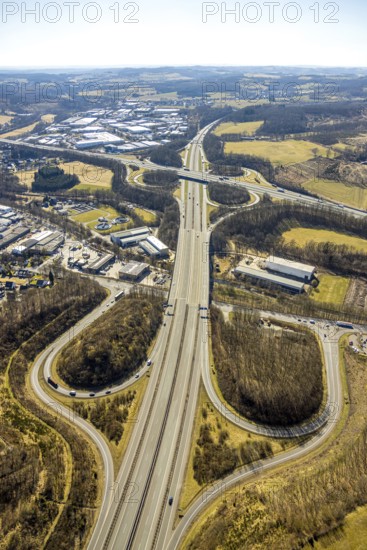 Aerial view, motorway junction Olpe-Süd with motorway A45 and motorway A4 and junction Wenden,