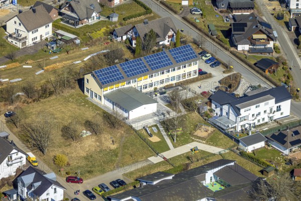 Aerial view, school family centre St. Severinus with solar roof, Agathastrasse, Möllmicke, Wenden,