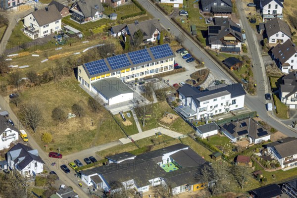 Aerial view, school family centre St. Severinus with solar roof, Agathastrasse, Möllmicke, Wenden,