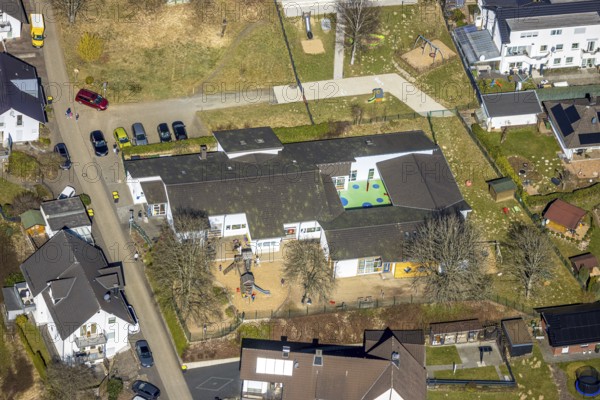 Aerial view, school family centre St. Severinus with solar roof, Agathastrasse, Möllmicke, Wenden,