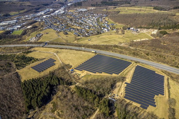 Aerial photo, solar park at Bieberg on the A4 motorway, Dahl, Olpe, Sauerland, North