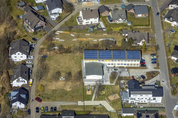 Aerial view, school family centre St. Severinus with solar roof, Agathastrasse, Möllmicke, Wenden,
