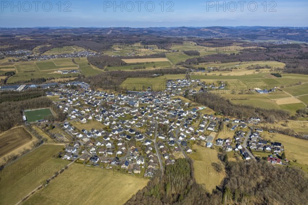 Aerial view, meadows and fields with distant view, football stadium sports field FC Altenhof,