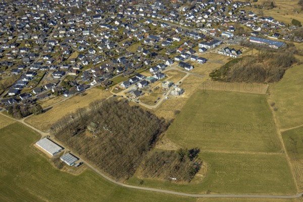 Aerial view, new construction site, residential area Über der Delle, wooded area at