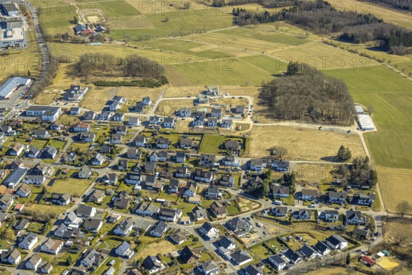 Aerial view, residential area, new construction single-family house, housing estate Über der Delle