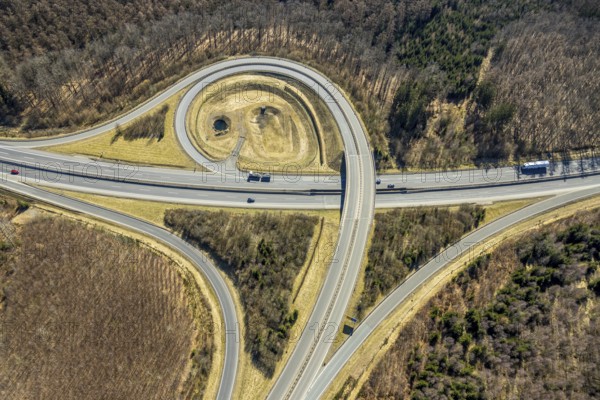 Aerial view, motorway junction Krombach, motorway A4 and federal road B54, border triangle,