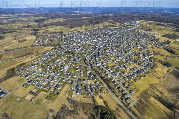 Aerial view, district Hünsborn, residential area general view with distant view, Hünsborn, Wenden,