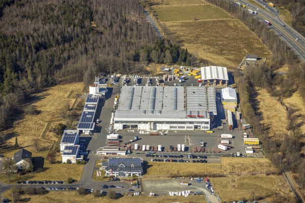 Aerial view, commercial area Hünsborn Süd-West Rheinauer Straße with WeberHaus GmbH Hünsborn,
