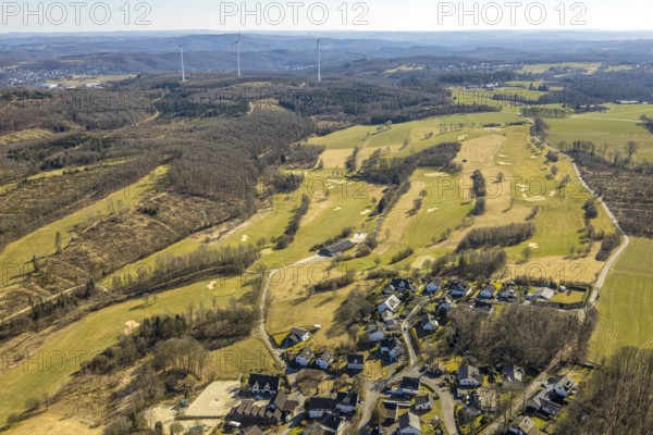 Aerial view, golf course Dörnscheid, Golfclub Siegen-Olpe, golf meadow and bunker with golf player,