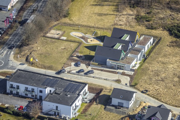 Aerial view, construction site and new building Kita GFO Kindergarten St. Anna Hünsborn, Über der