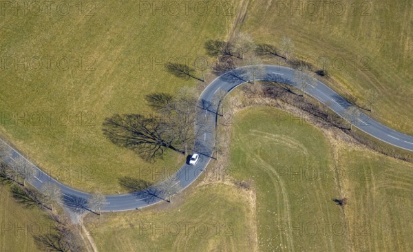 Aerial view, S-curve with cars and trees, shapes and colours, Hubertusstraße, Ottfingen, Wenden,