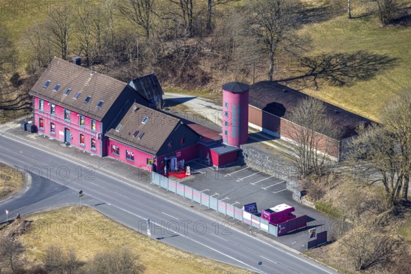 Aerial view, nudist club Schlaraffenland, pink-coloured red light district Wilhelmstal, state road