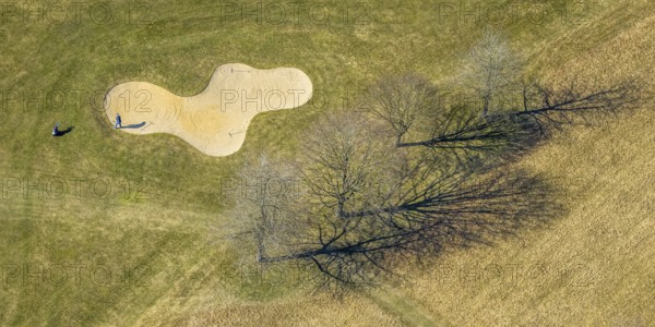 Aerial view, golf course Dörnscheid, Golfclub Siegen-Olpe, golf meadow and bunker with golf player,