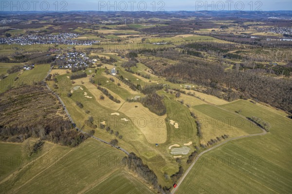 Aerial view, golf course Dörnscheid, Golfclub Siegen-Olpe, golf meadow and bunker with golf player,