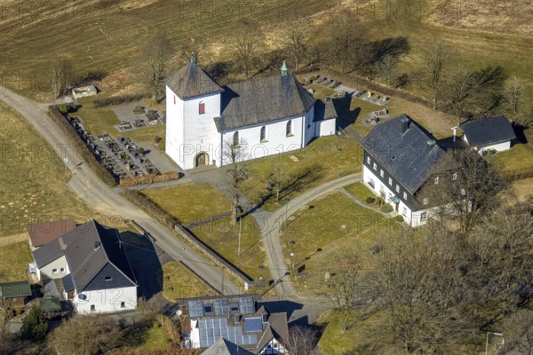 Aerial view, St. Mary's Catholic Church and cemetery, Römershagen, Wenden, Sauerland, North