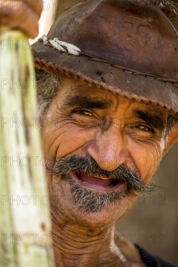 Sugar cane farmer in the Valle de los Ingenios with sugar cane stalks, Trinidad, Cuba, Sancti