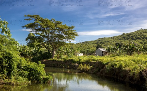 Small river in the valley with farmhouse in Valle de los Ingenios, Trinidad, Cuba, Sancti Spíritus,