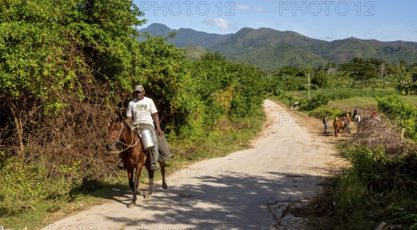 Cuban rider on a horse with a milk can in Valle de los Ingenios, Trinidad, Cuba, Sancti Spíritus,