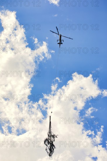 Helicopter lifts tree in cloudy sky, transport helicopter, timber transport, Saas Grund, Canton