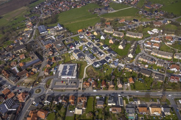 Aerial view, residential area local view district Dolberg, new REWE supermarket with solar roof,