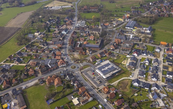 Aerial view, residential area local view district Dolberg, new REWE supermarket with solar roof,