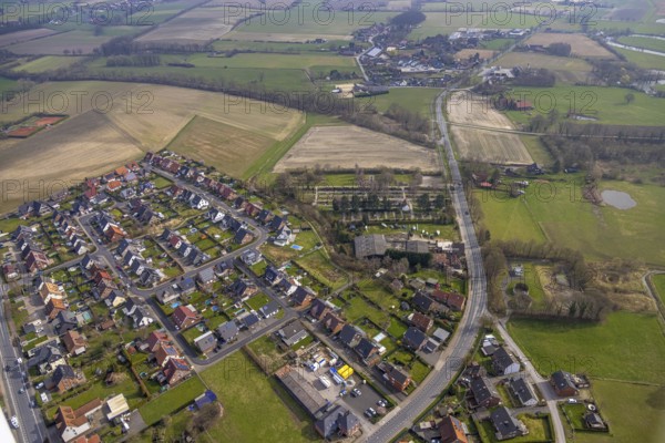 Aerial view, residential area and cemetery Dolberg cemetery at the Uentroper Straße, meadows and