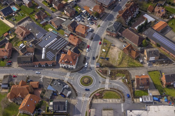 Aerial view, residential area and new roundabout Alleestraße and Uentroper Straße, solar roof on a
