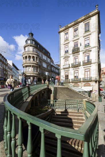 Wrought iron railings, Art Nouveau near Porto railway station, steps, Oporto, Porto district,