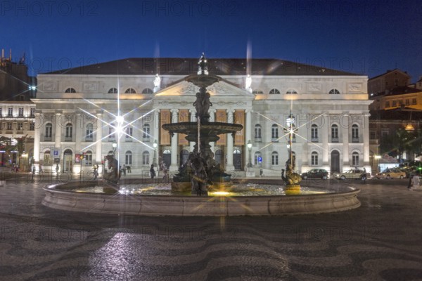 National Theatre D. Maria II, fountain, Praça do Rossio, paving stones in wave form, wave pattern,