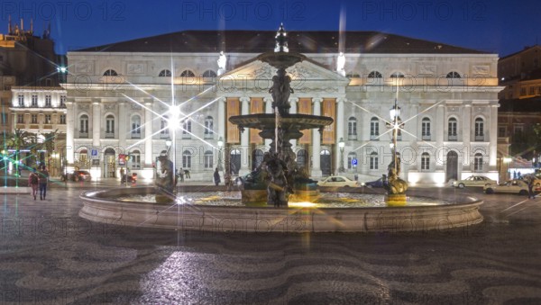 National Theatre D. Maria II, fountain, Praça do Rossio, paving stones in wave form, wave pattern,