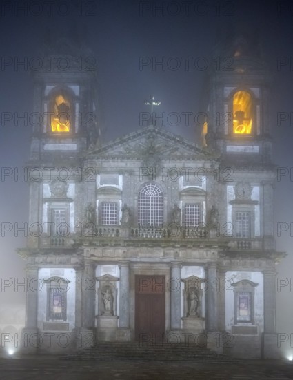 Bom Jesus do Monte, pilgrimage church of Braga in the evening fog, Braga, Braga district, Portugal,