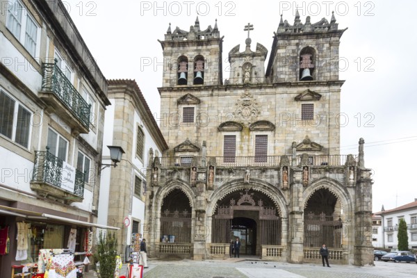 Facade of Braga Cathedral, Braga, Braga district, Portugal, Europe, aerial view, birds-eyes view,