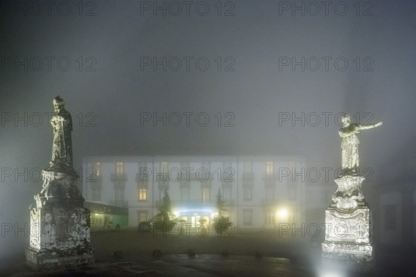 Bom Jesus do Monte Hotel next to the pilgrimage church of Braga in the evening fog, Braga, Braga