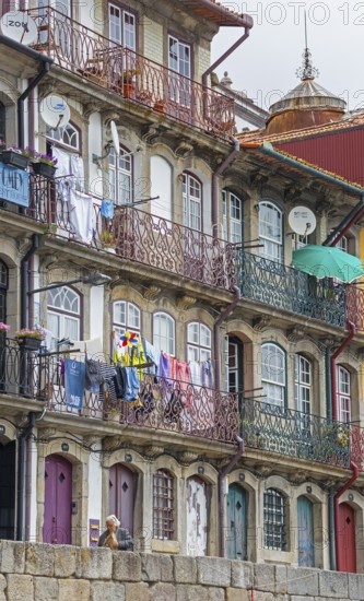 Colourful houses on the banks of the Douro in the Ribeira district, doors, Oporto, Porto district,