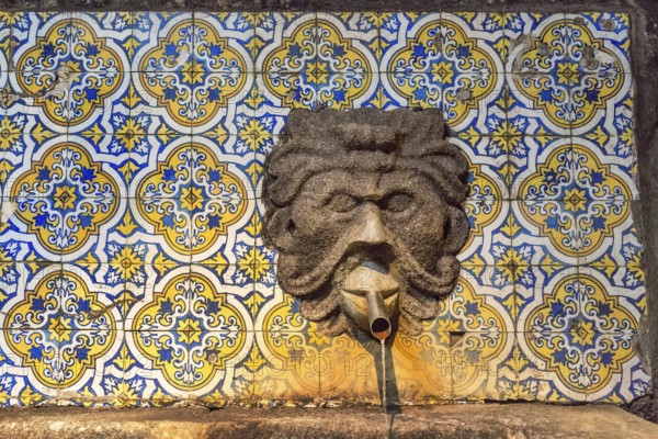 Fountain in the Sandemann cellar with historical tiles, gargoyles, azulejos, wine cellar of the