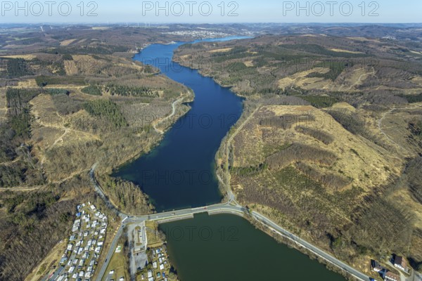 Aerial view, Sorpesee, forest area with forest damage, Amecke, Sundern, Sauerland, North