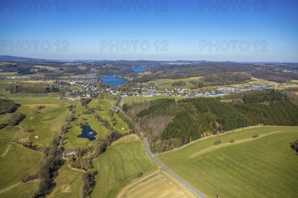 Aerial view, golf course Amecke, 9-hole course, local view and Sorpesee Vorbecken Amecke,