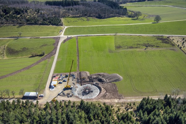 Aerial view, construction site with construction crane for wind turbine wind power plant at