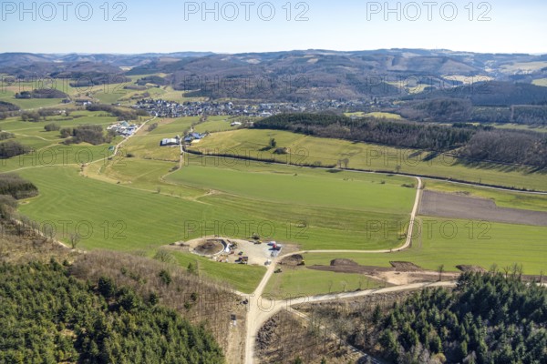 Aerial view, construction site for wind turbine wind power plant at Eichenberg, meadows and fields,