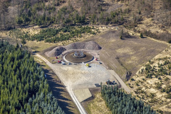 Aerial photo, construction site for wind turbine, forest damage at Eichenberg, Amecke, Sundern,