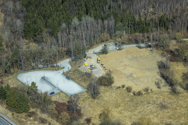 Aerial view, construction site former outdoor swimming pool at the Seestraße, Amecke, Sundern,