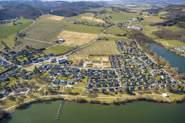 Aerial view, Sorpesee, new residential area Westufer in Amecke, Sundern, Sauerland, North