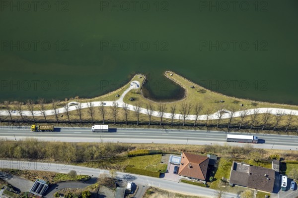 Aerial view, Sorpesee, hiking trail and bay at the Seestraße in Amecke, Sundern, Sauerland, North