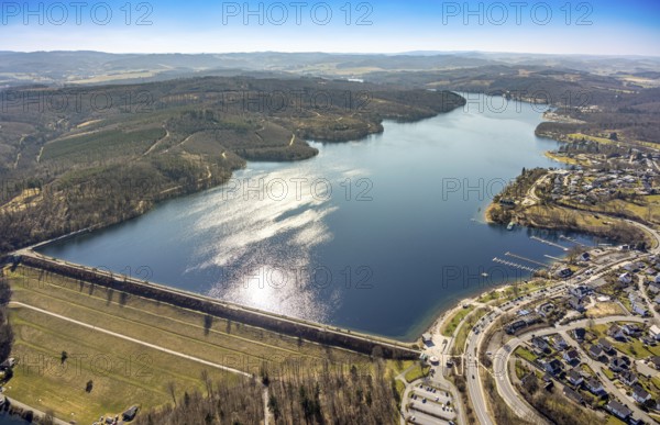 Aerial view, Lake Sorpe with dam wall, hilly landscape forest area, Langscheid, Sundern, Sauerland,